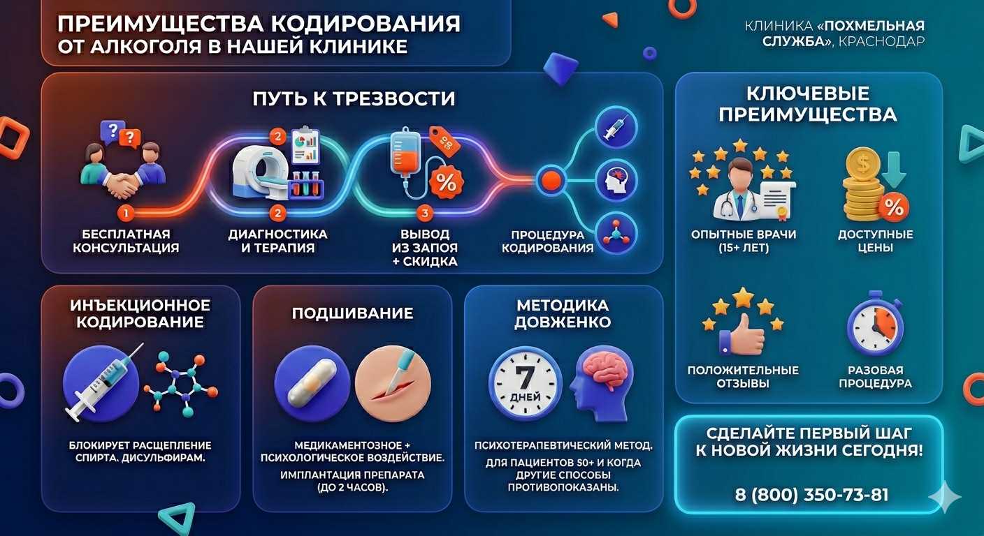 Инфографика о методах кодирования от алкоголя в Новопокровской: инъекции, подшивание, метод Довженко. Преимущества клиники и этапы лечения.