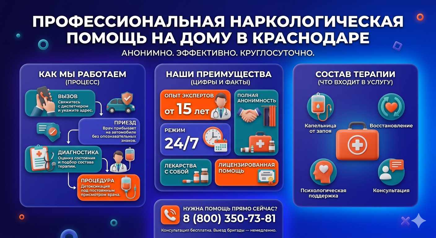 Инфографика о принципах лечения алкоголизма на дому в Новопокровской: этапы вызова нарколога, преимущества анонимной детоксикации и состав медицинской помощи.